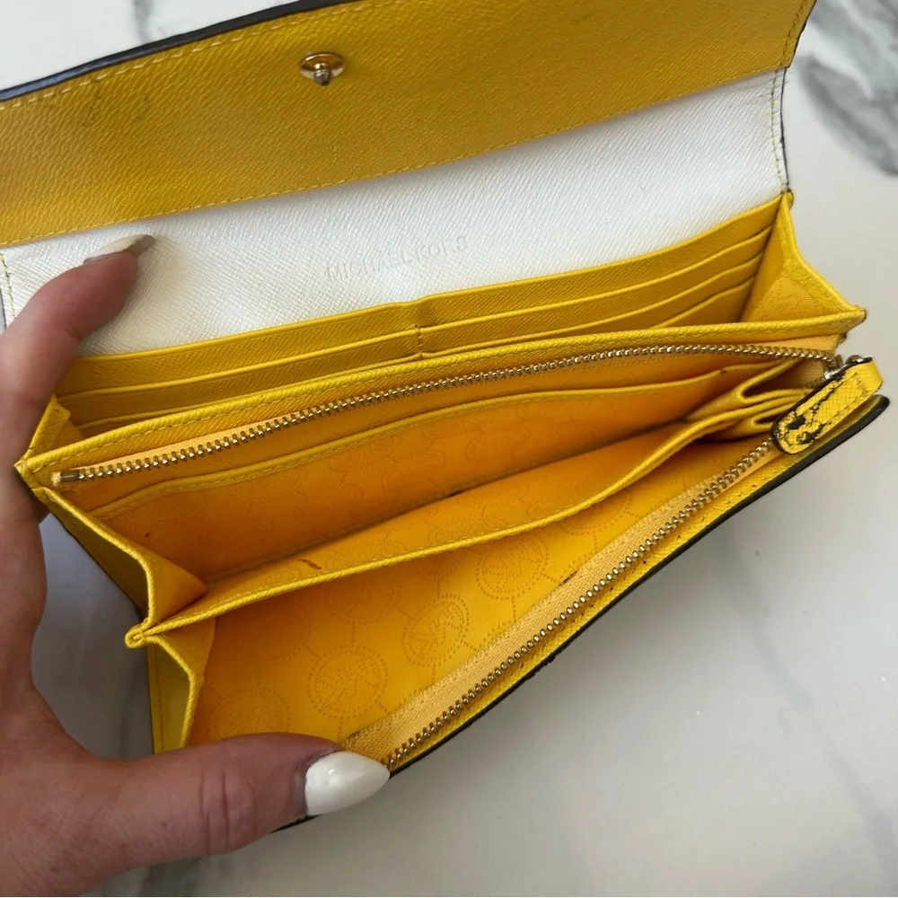 MICHAEL KORS Navy Blue & Yellow Leather Long Wallet Clutch Gold Hardware Button